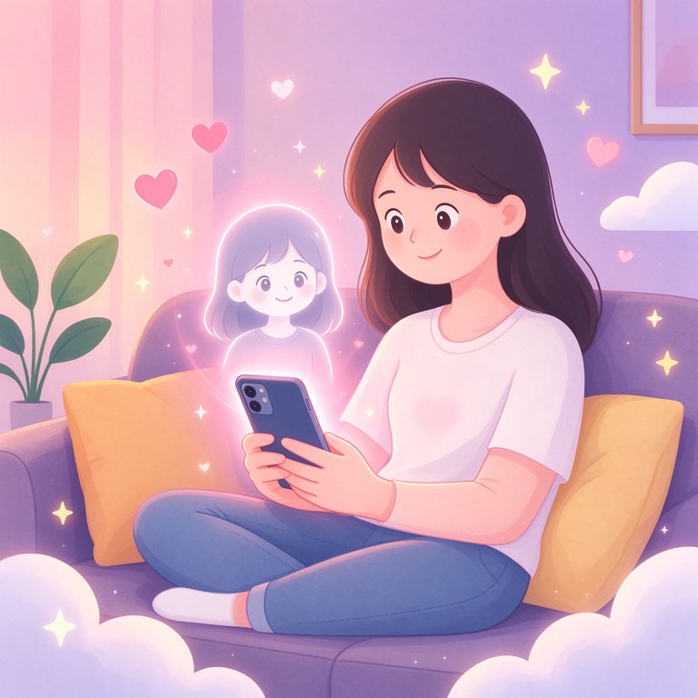 Rubii Ai 产品介绍插画，女孩与手机中AI人设温柔对话